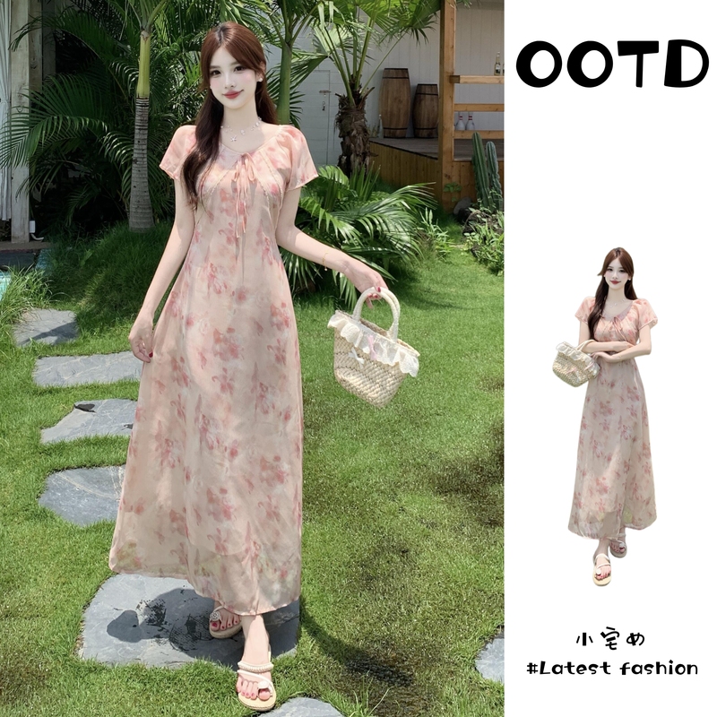 Resort-Style Orange-Pink Floral Slim-Fit Long Dress for Women Plus Size, Summer French-Style Stunning Fashion Versatile Dress Resort-Style Orange-Pink Floral Slim-Fit Long Dress for Women Plus Size, Summer French-Style Stunning Fashion Versatile Dress