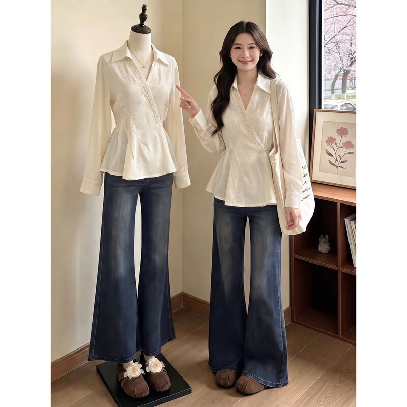 Heavy Beading Long-Sleeve V-Neck Shirt for Women, Autumn 2026, Plus Size, Stylish and Chic, Very Attractive Top Blouse