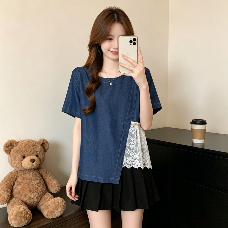 Korean-Style Fashionable and Elegant Tops for Women, 2026 Summer New Plus-Size Lace Spliced Denim Shirt for Chubby Girls