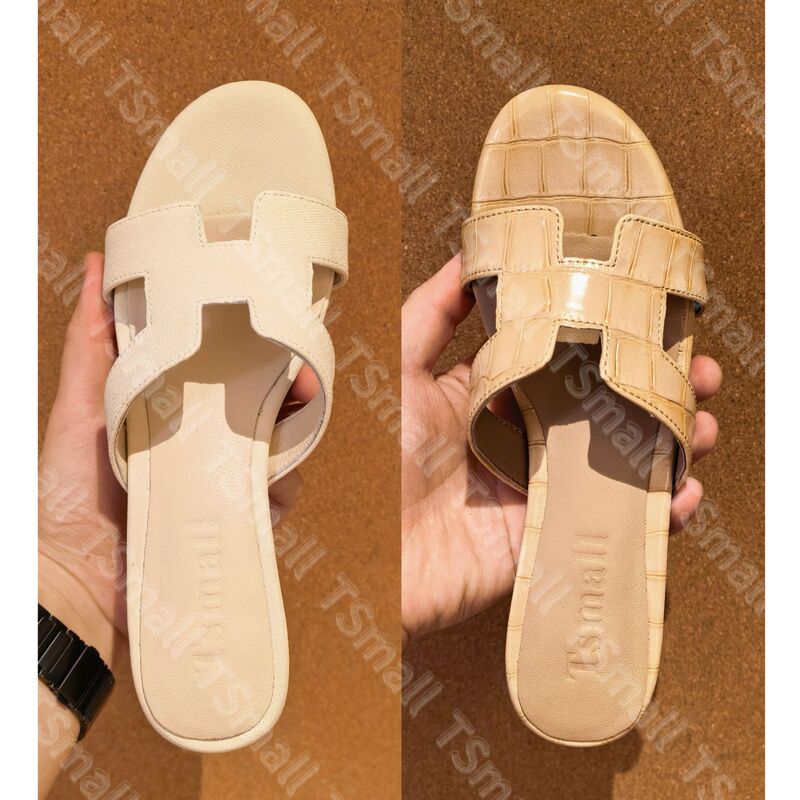 Tsmall/Lettered Slippers/6Cm Version Height-Increasing Crocodile Pattern & Lychee Pattern Genuine Leather Slippers with a Soft Feel