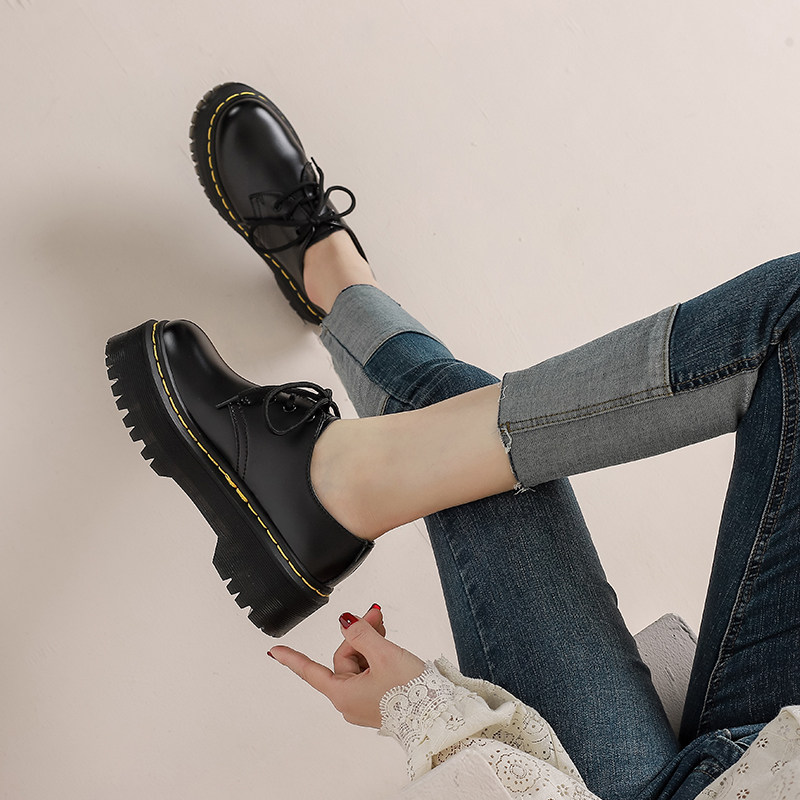 Thick-soled 3-hole Martin single shoes women's low-cut leather all-match couple models British style heightened muffin shallow mouth small leather shoes