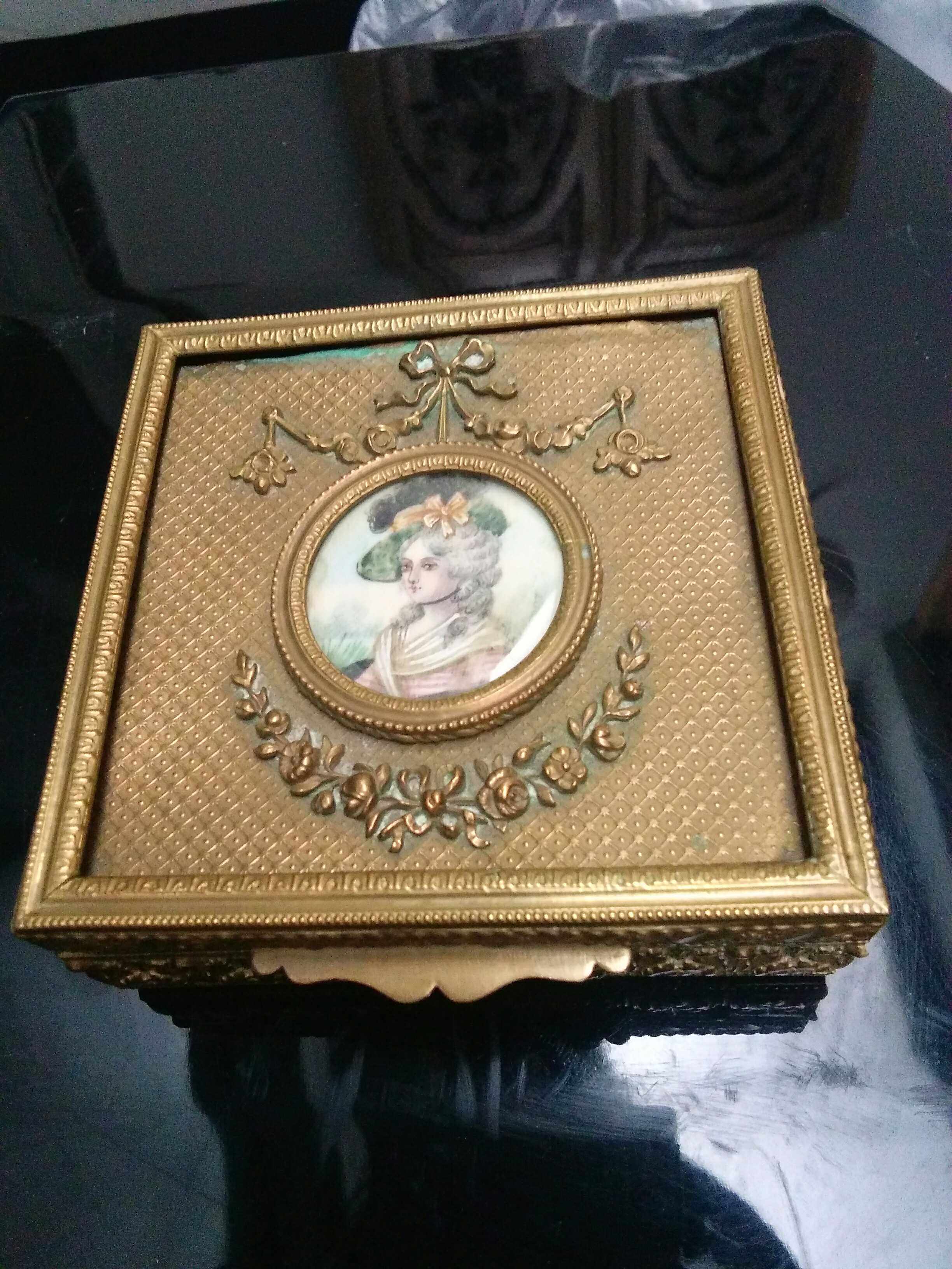 European antique Western antique French Napoleon Empire period oil painting portrait copper gilded jewelry box