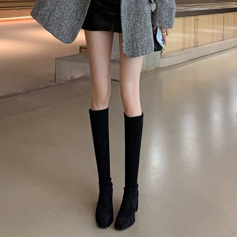 Italy Corso Venezia~ Chunky Heel Knee-High Boots for Petite Women, High-Heeled Slim Stretch Boots, High Boots