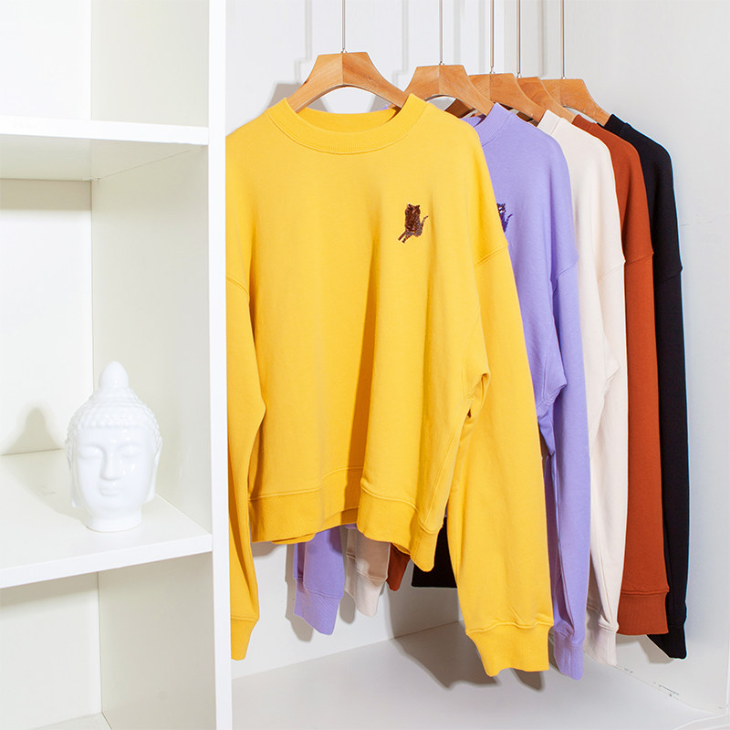 Delicate Strings Pearl Bright Pieces Animal Embroidery Fashion Loose Bat Outline Shaped Casual Round Collar Fur Ring Cotton Sweater Q