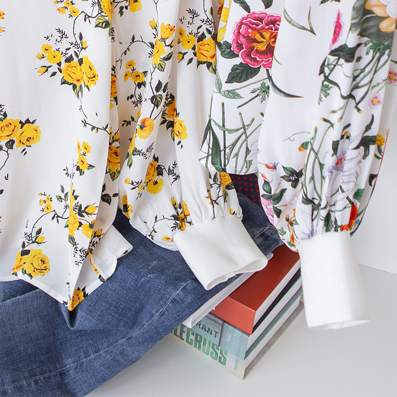 Small quantity of refreshing retro flower printing exaggerated lantern long sleeve collar head double crepe silk shirt spring and summer x