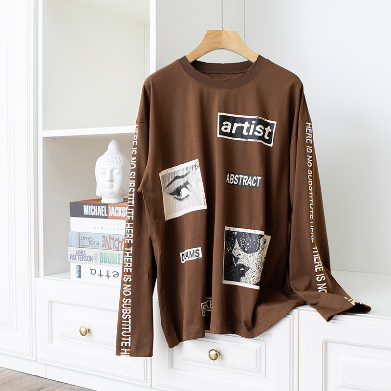 Street fashion clip printing Loose straight body retro silhouette round neck long sleeves delicate thin cotton T-shirt women q