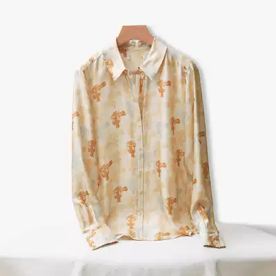 Nordic small amount elegant nude camera print lapel collar long sleeve twill silk shirt female 2021 New q