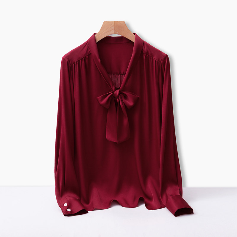 Romantic knotted floating with gorgeous glossy opaque elastic real silk satin V collar long sleeve shirt woman black white