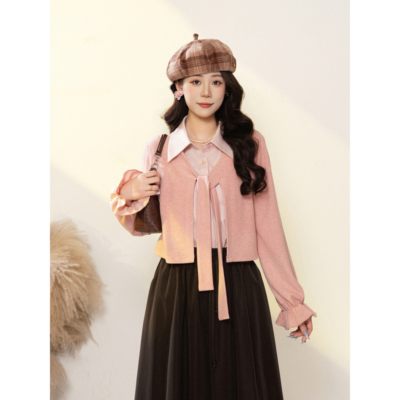 Dayuansad Zhiying Vintage Diary Pink Long Sleeve Shirt Fake Two-Piece Design Loose Shirt Top for Women