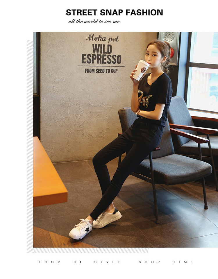 Quần jeans cạp cao nữ 9 quần 2018 xuân hè mới hoang dã chic bó sát size rộng lớn là quần lửng đế xuồng quần jean đen nữ