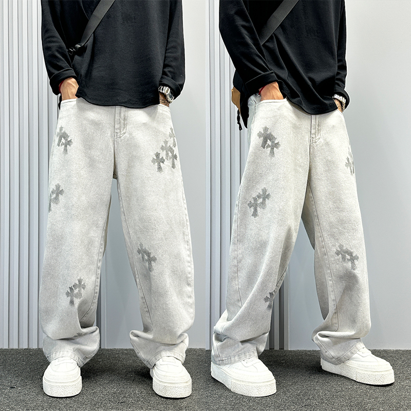 Trendy Tie-Dye Distressed White Cross Jeans for Men, Autumn Loose Wide-Leg Scimitar Pants, Cool Straight-Leg Pants