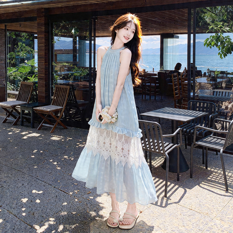 French-Style Blue Halter Neck Dress for Women 2026 New Summer Hollow Lace Patchwork Sleeveless Long Dress Casual
