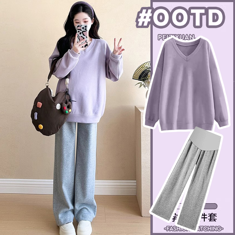 Maternity Wear New Spring and Autumn V-Neck Stylish and Fashionable Tops Plus Size Sweatshirt Wide-Leg Pants Belly-Covering Two-Piece Set
