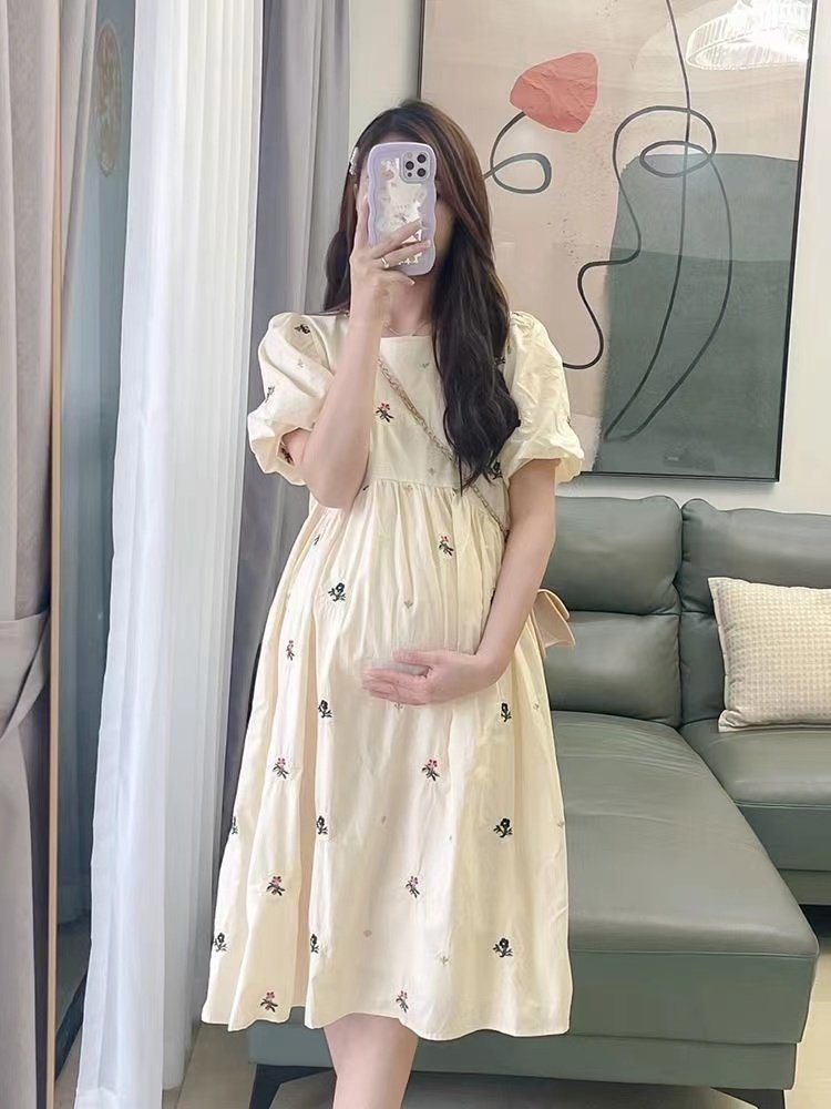 Women's Maternity Puff Sleeve Midi Dress – Flattering Ruched Side, Belly Hiding, Summer Going Out Dress for Pregnant Moms