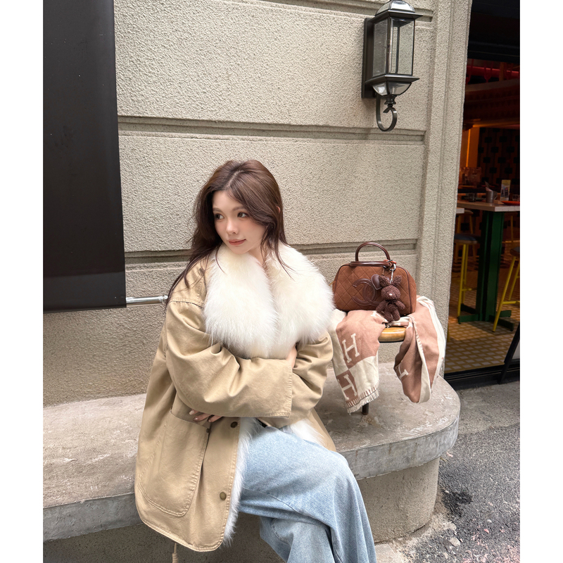 Mousse Pike Barn-Style Workwear Detachable Cashmere Goose down Parka Coat Fur Jacket for Women Trendy