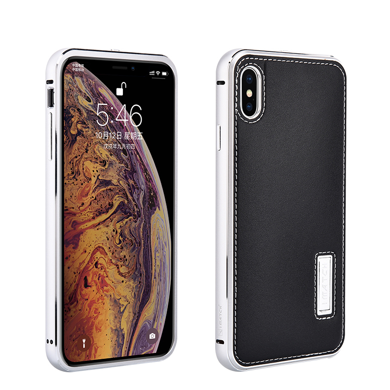 iMatch Luxury Aluminum Metal Bumper Premium Genuine Leather Back Cover Case for Apple iPhone XS Max