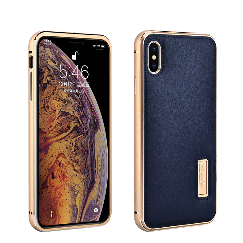 iMatch Luxury Aluminum Metal Bumper Premium Genuine Leather Back Cover Case for Apple iPhone XS Max