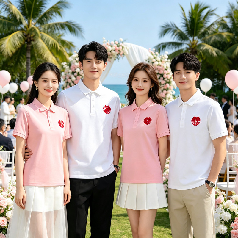 Men's Pink Polo Shirt Short-Sleeved Summer Groomsmen Outfit Brother Outfit Wedding Dress Bridesmaid Outfit Sister Outfit Suit with Trousers