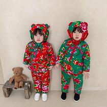Northeast big flower jacket Children Baby Cotton clothes suit soil tide flower cotton padded jacket children thick girl flower cotton clothing Spring