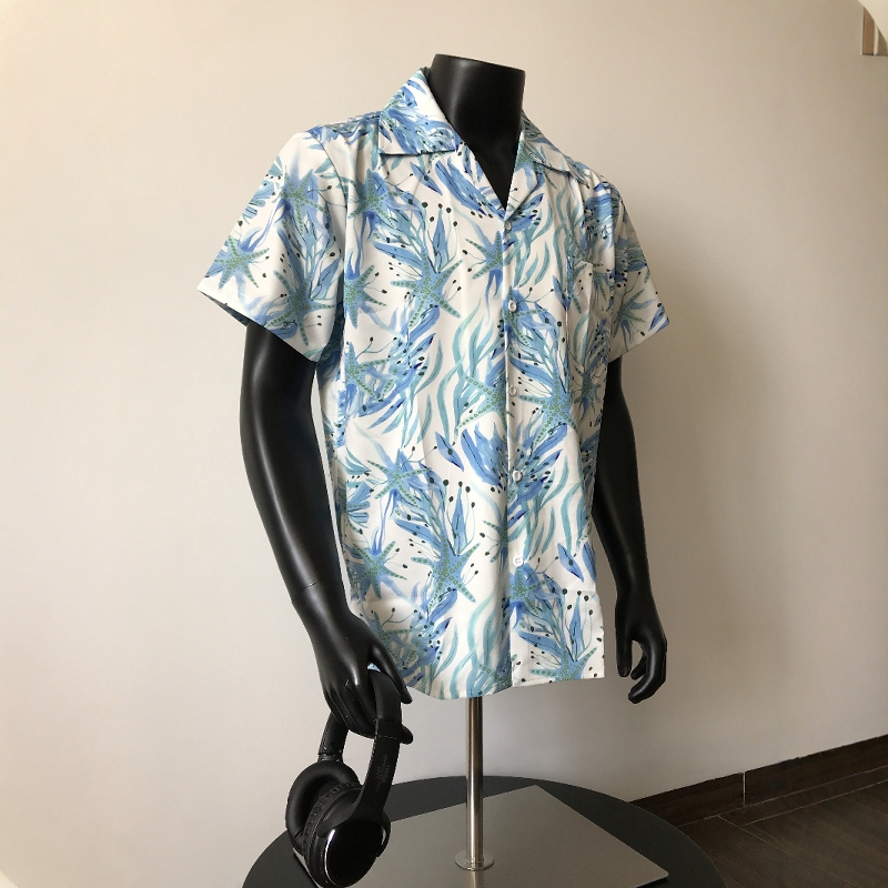 Qago Pastoral Style Floral Cuban Collar Short-Sleeved Floral Shirt for Men, Seaside Vacation Style, Hong Kong Style Blue Outerwear