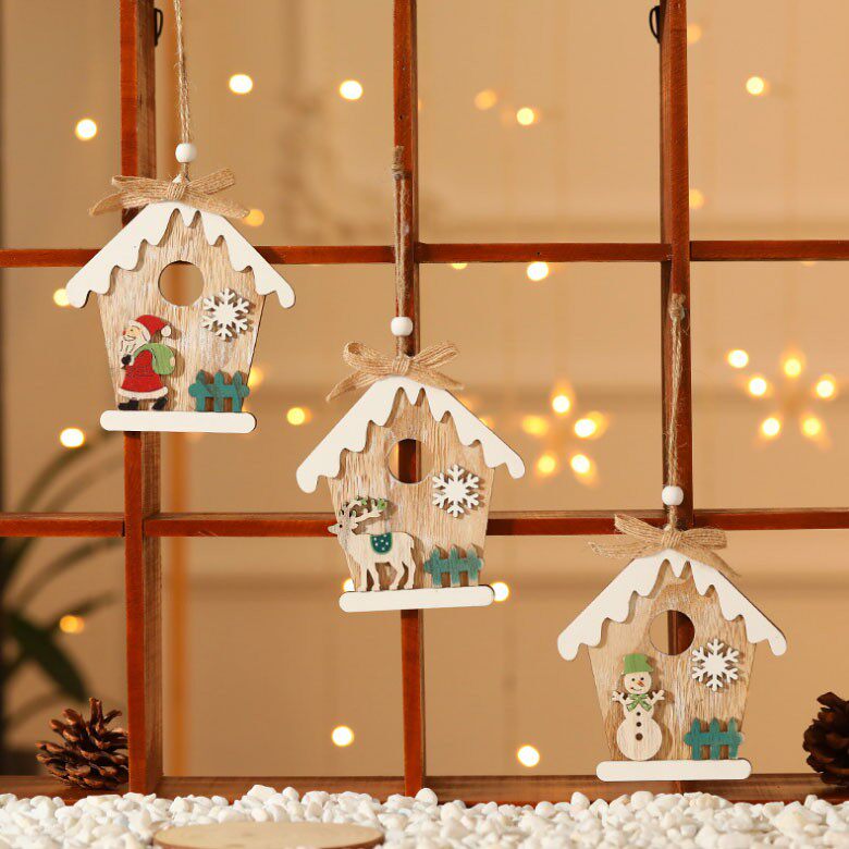 Single-side wood snow house Snow house wooden house Christmas tree pendant hanging decoration DIY Christmas decorations elk old man