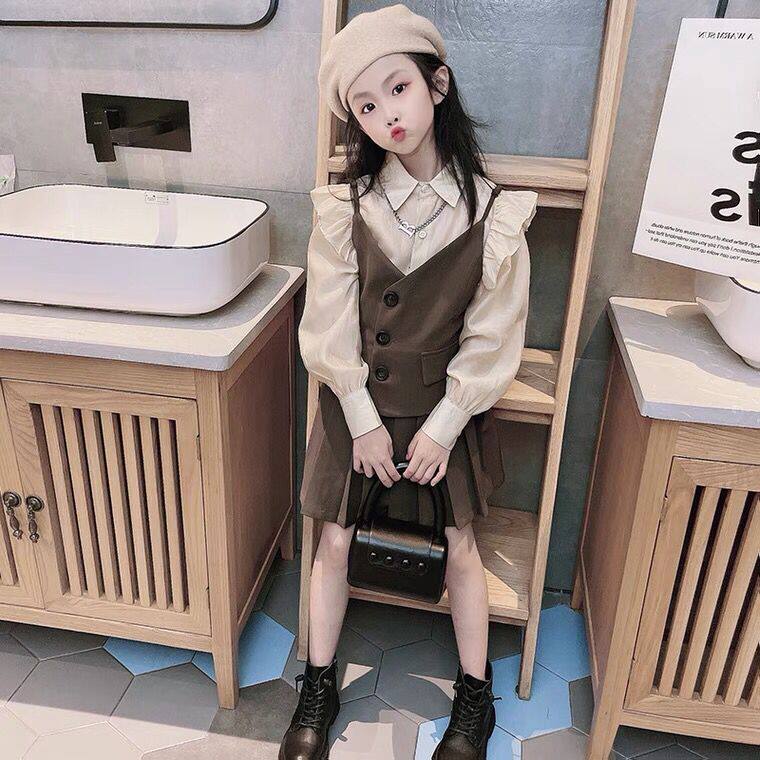 Girl Spring Clothing Suit 2022 New Foreign Pie Children Suit Small Scent Wind Net Red Shirt Princess Vest Dress Two Sets