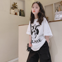 Fried Street Childrens Fashion Girl Summer Girl Net Red Medium Long t-shirt Child short sleeve Compassionate Tide Card 2022 Summer Korean Edition