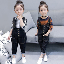 Girl Denim Back Belt Pants Suit Foreign Air Spring Dress 2022 New Kids Baby Streaks Undershirt Two Sets