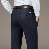 Pass the autumn and winter stripes thick slim straight tube business gentleman micro elastic thick casual pants