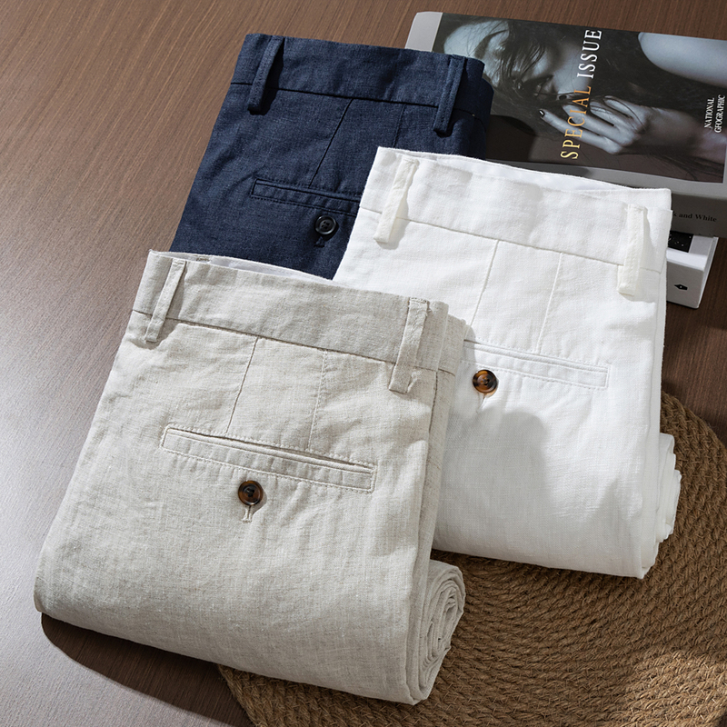 【100% Linen】Men's Long Pants, Business Slim Fit Straight Casual Pants, Sweat-Absorbent and Breathable, White Linen Casual Dress Pants