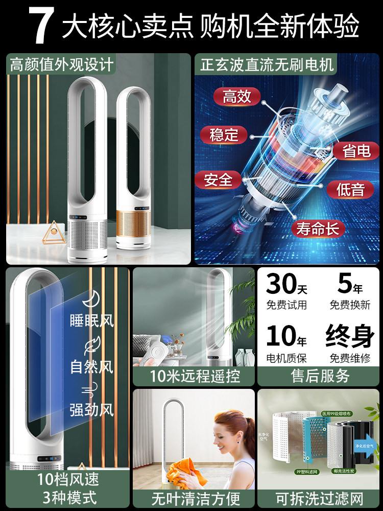 2025 New Bladeless Fan for Home Use, Floor-Standing Silent Electric Fan, Vertical Cooling and Heating Dual-Use Air Purification Circulation Fan