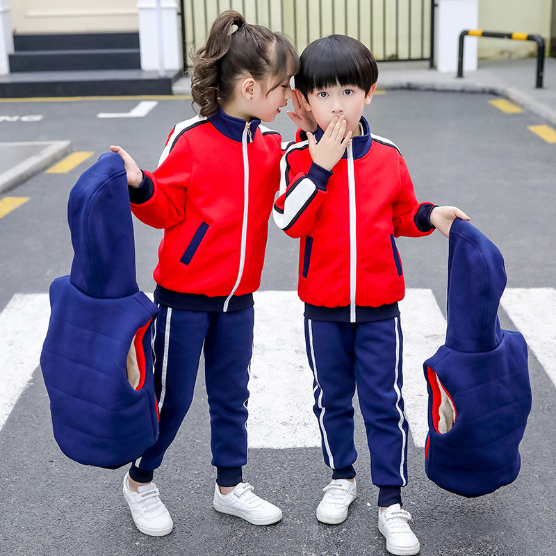 Kindergarten uniform Autumn and winter children's sports suit plus fleece and thickened three-piece set of class uniforms Primary school uniform red and yellow