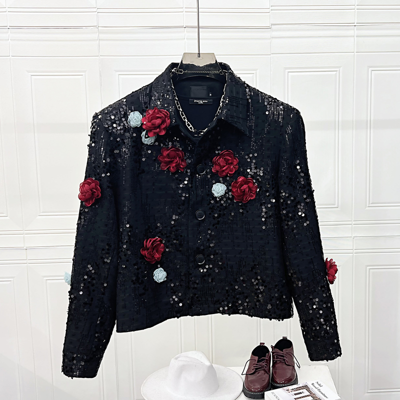 Korean Style Retro Heavy Sequin Embroidery Three-Dimensional Flower Jacket for Men, Loose Short Black Long-Sleeve Top, Trendy