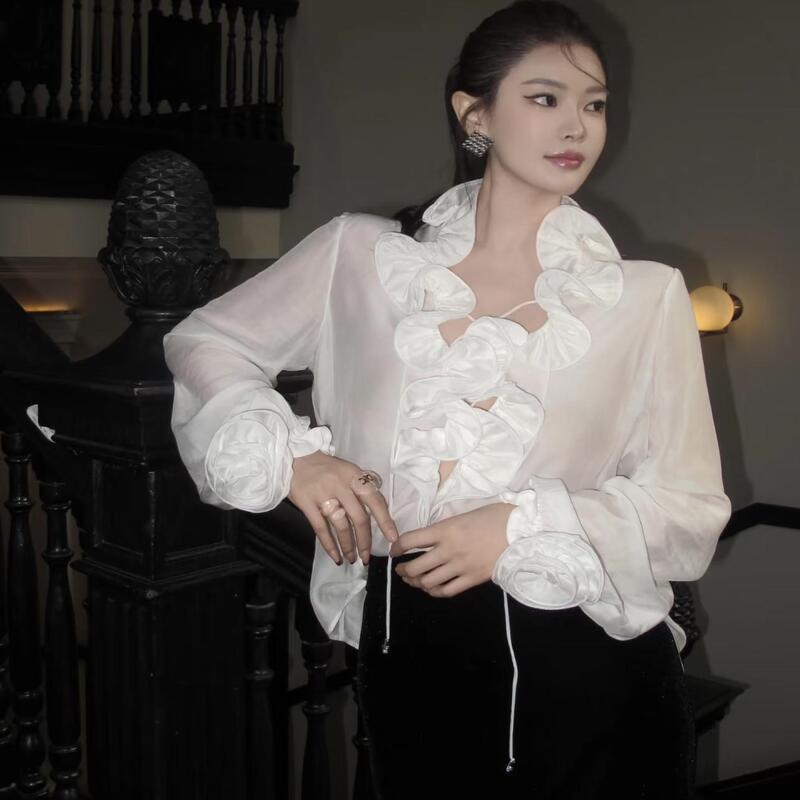 【Jac】New Autumn and Winter French-Style Niche High-End Exquisite Silk Ruffled Embroidered Puff Sleeve Tie-Up Shirt 【Jac】New Autumn and Winter French-Style Niche High-End Exquisite Silk Ruffled Embroidered Puff Sleeve Tie-Up Shirt