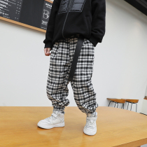 Boy plaid plus velvet pants autumn and winter knitwear middle child 2021 new children one velvet padded sports pants