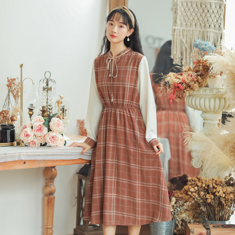 Mori women's dress female spring and autumn student girl college wind Korean version retro plaid literary small fresh first love skirt