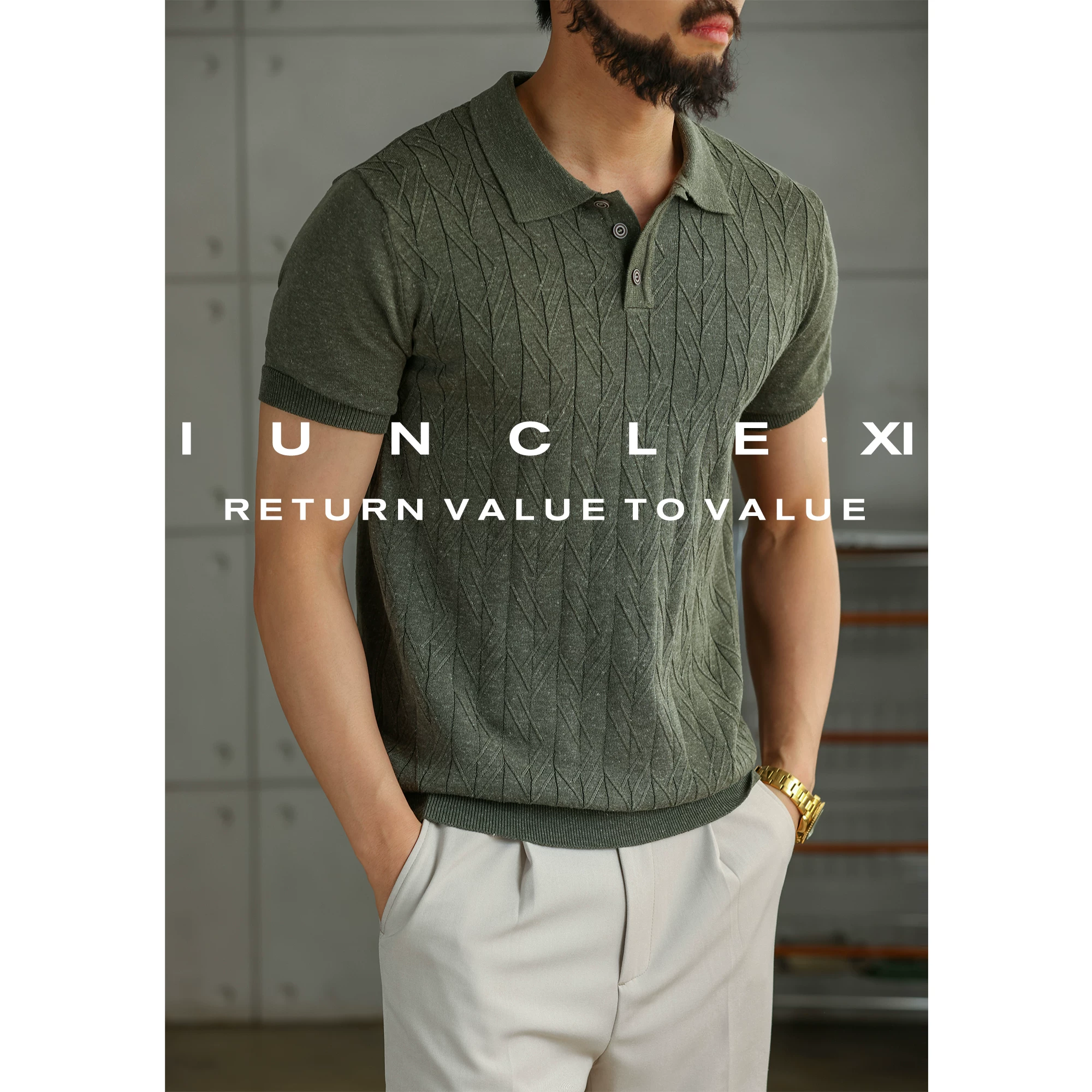 IUNCLEXI [Tencel Linen] старая монета твилл жаккардовая текстура короткие рукава POLO рубашка мужская комфортная трикотажная футболка