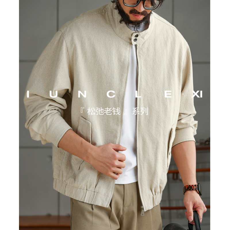 Iunclexi【Relaxed Old Money】Linen Blend Harrington Jacket Men's American Style Commuting Casual Stand Collar Coat