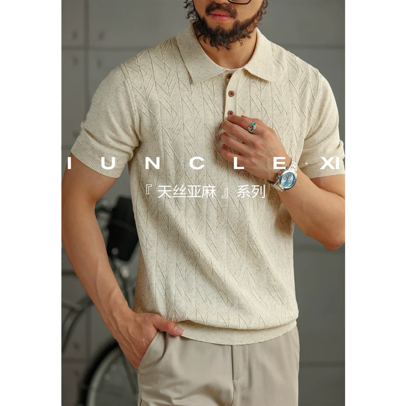 IUNCLEXI [Tencel Linen] старая монета твилл жаккардовая текстура короткие рукава POLO рубашка мужская комфортная трикотажная футболка