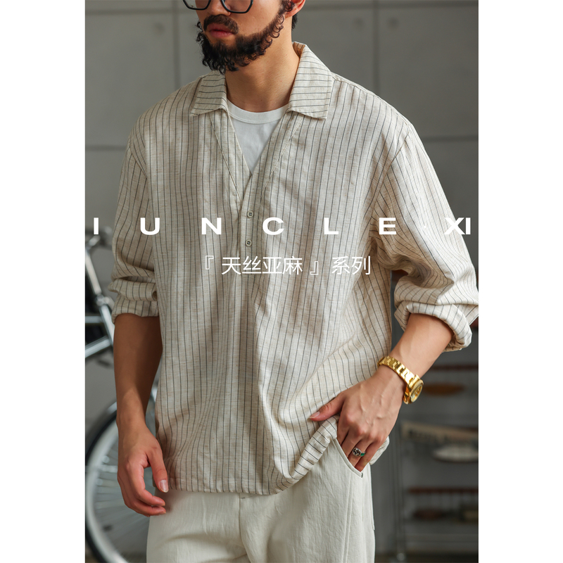 Iunclexi/Xishu【Linen Texture】Old Money Vertical Stripe Fake Two-Piece Pullover Shirt for Men Y-Neck Long Sleeve Iunclexi/Xishu【Linen Texture】Old Money Vertical Stripe Fake Two-Piece Pullover Shirt for Men Y-Neck Long Sleeve