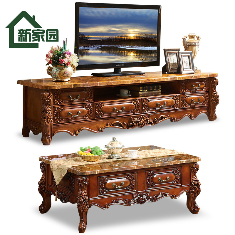 Eurostyle Solid Wood High-end Tea Table TV Cabinet Combination American Dark Retro Rectangular Marble Ground Cabinet Kit