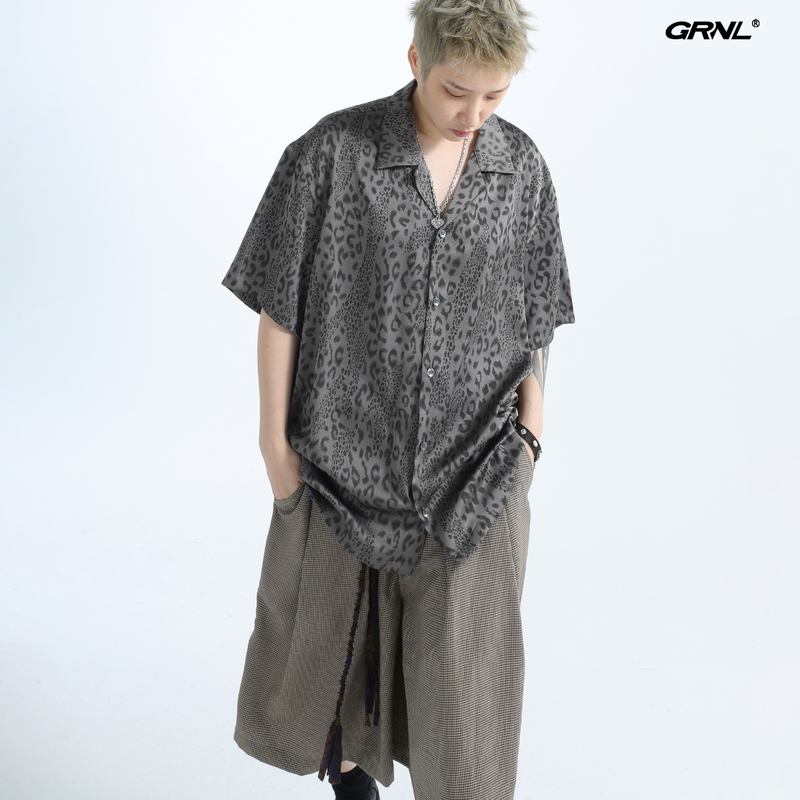 「Grnl」Cool Leopard Print Renaissance Cuban Collar Loose Short-Sleeved Shirt