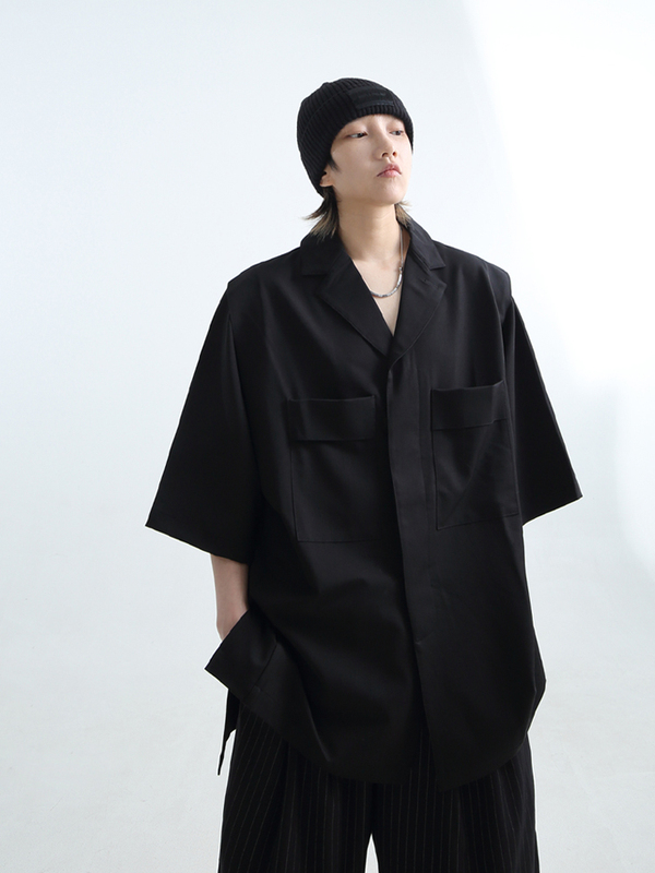 「Grnl」Double Pocket Hidden Placket Five-Quarter Sleeve Shirt Unisex Oversize Silhouette Solid Color Large Shirt 「Grnl」Double Pocket Hidden Placket Five-Quarter Sleeve Shirt Unisex Oversize Silhouette Solid Color Large Shirt