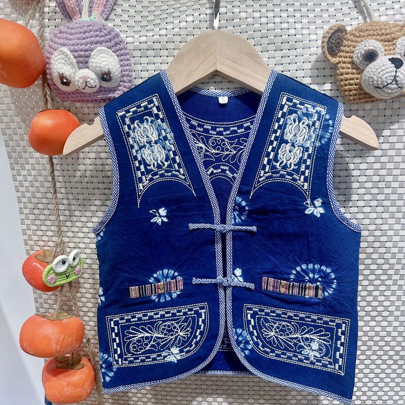 Yunnan Dali Handmade Tie-Dye Children's Vest, Plant-Based Blue Dye Baby Vest, Ethnic Style Embroidered Waistcoat Jacket