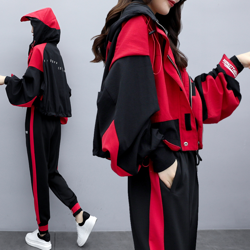 Red Fashion Goddess Van Suit Europe Station Sweatshirt Casual Minus Age Foreign Pie Two Sets Matching Spring Autumn Clothing
