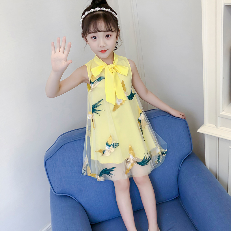 Girl Embroidered Ocean Dress 2022 New CUHK Children's Clothing Retro Qipao 9 Mesh Yarn 6 Year Old Girl 7 Princess 8