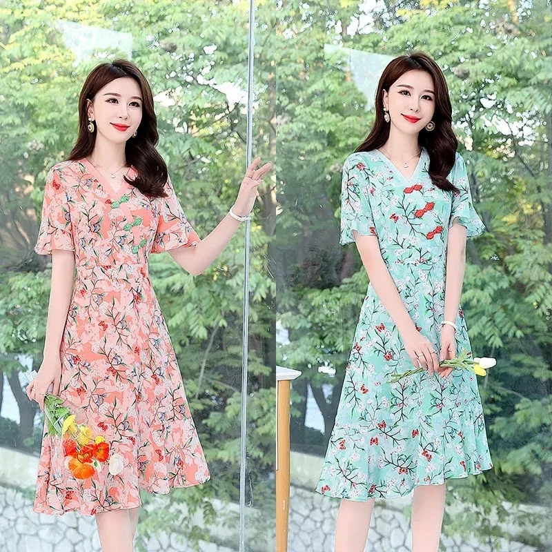 Floral Plus-Size Women's Clothing 150kg Dress Mid-Summer 2024 Elegant Slimming Tummy-Covering Mid-Length Dress for Plus-Size Women