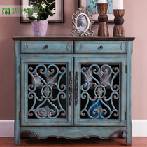 Mediterranean Blue Ultrathin Dining Side Cabinet Retro White American Light Luxury Shoes Cabinet Narrow Iron Art Side Cabinet Black Hollowed-out Containing Cabinet