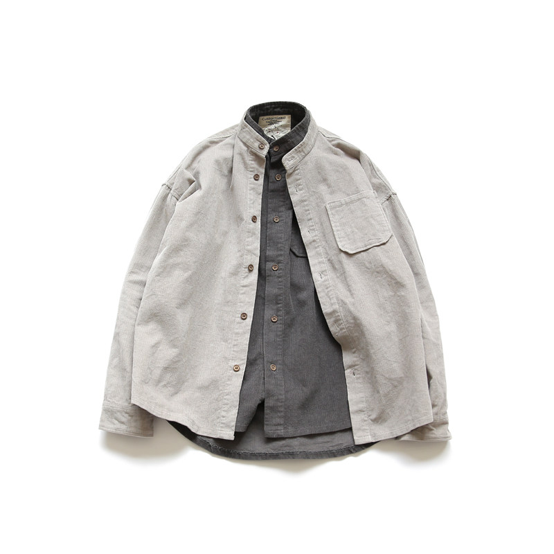 秋季男装复古蝙蝠肩宽松灯芯绒长袖衬衫青少年潮休闲条绒立领衬衣