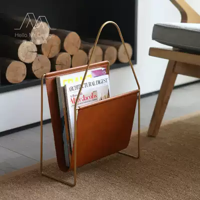 European modern creative leather book and newspaper rack Nordic floor shelf Magazine rack Desktop home information storage shelf